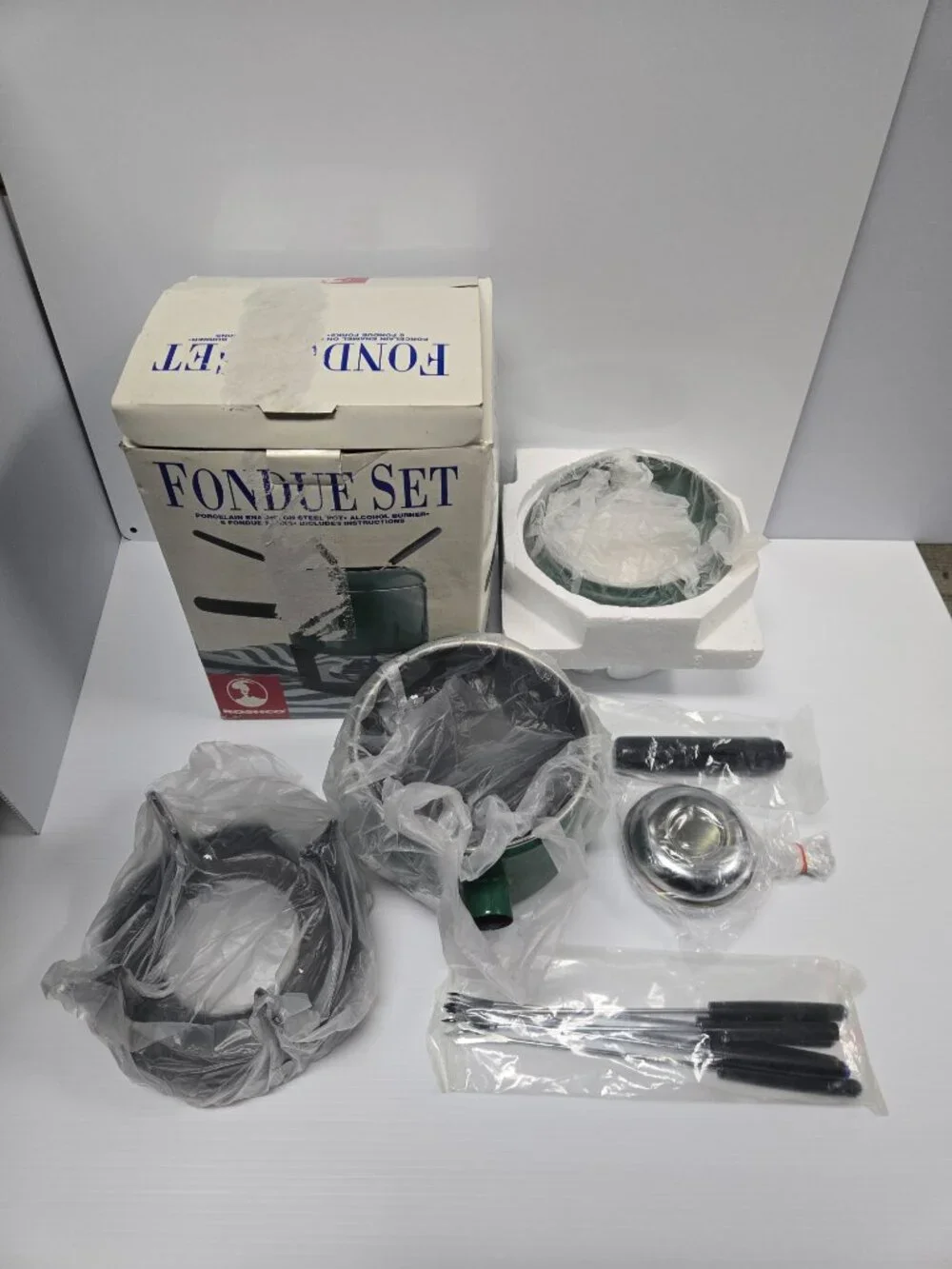 Rare Hunter Green Roshco Porcelain Enamel Fondue Pot Set 58901 Vintage Green